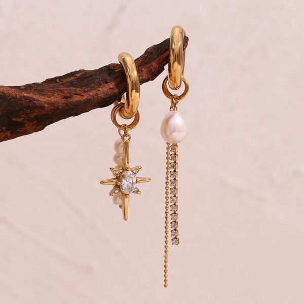 Asymmetric Freshwater Pearl and Zircon Star Chain Drop Earrings