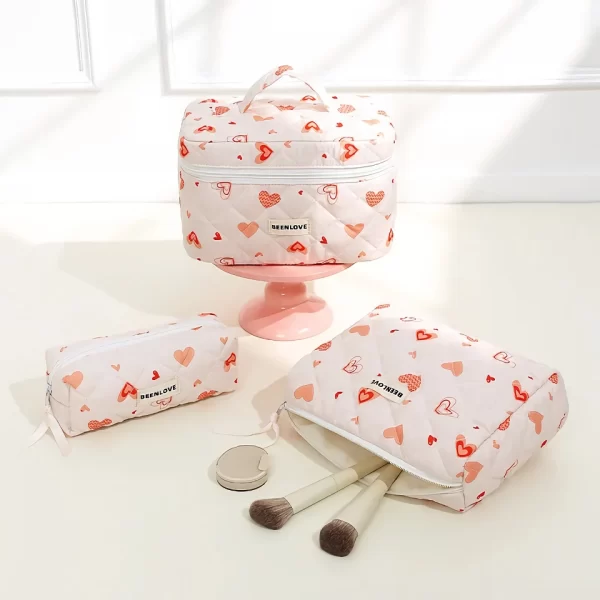 Quilted Heart Cosmetic Bag – Portable Cotton Makeup & Toiletry Organizer