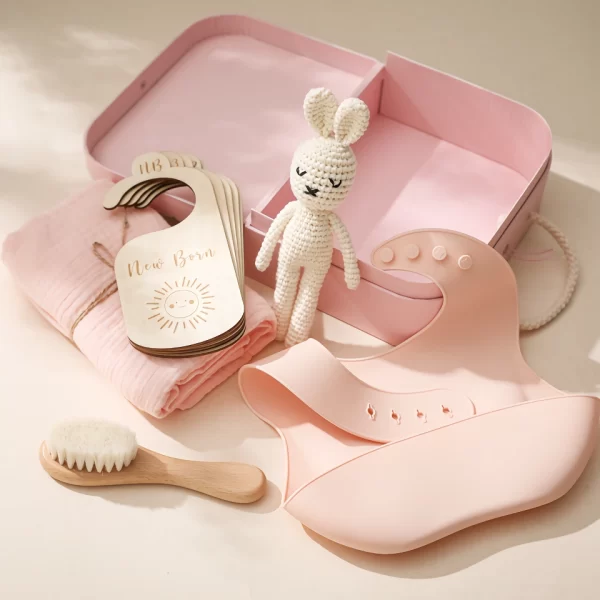 Baby Bath Gift Set - 100% Cotton Towel, Silicone Bib, Bath Brush & Bunny Puppet