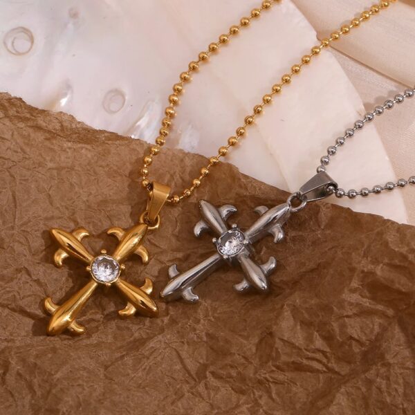 Vintage Rhinestone Cross Pendant Necklace with Beads Chain