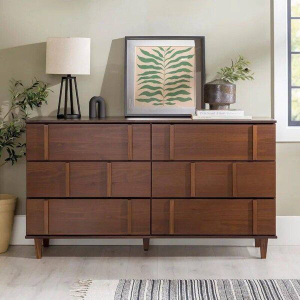 60-Inch Contemporary Solid Wood Dresser with Detailed Drawers - Walnut Finish
