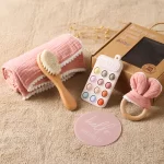 Newborn Gift Set – Wooden Brush, Milestone Cards, Rattle, Blanket & Bath Toys