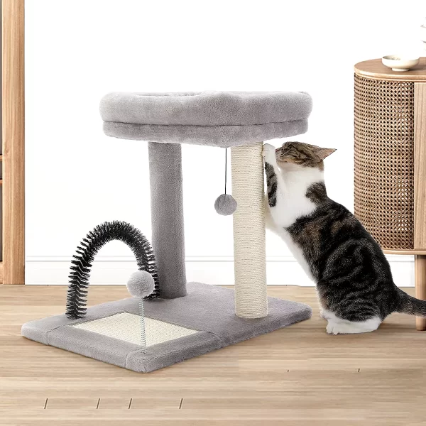 Compact Cat Tree Tower with Natural Sisal Scratch Post and Playful Toys