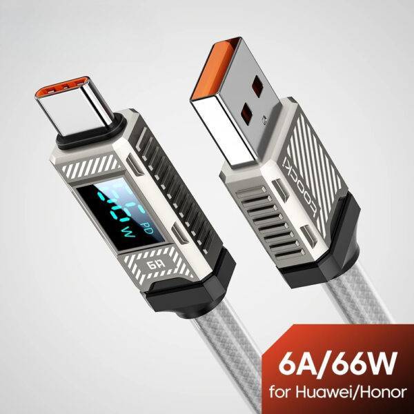 USB Type-C to USB-A 6A Fast Charging Cable with LED Display