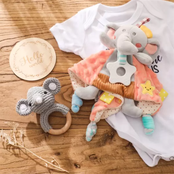 Baby Cotton Scarf, Crochet Animal Rattle & Milestone Card Set – Newborn Gift