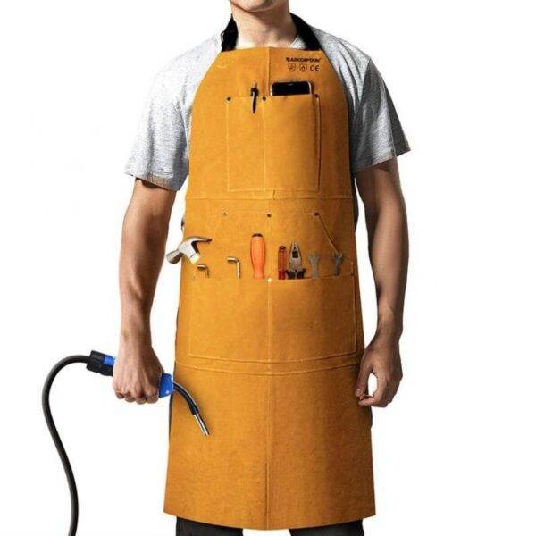 Heavy Duty Flame-Resistant Leather Welding Apron with Multi-Pocket Design