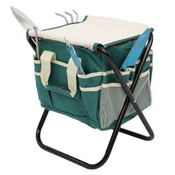 7-Piece Multifunctional Garden Tool Set with Folding Seat & Storage Tote