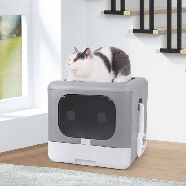 Foldable Top-Entry Cat Litter Box with Odor-Control Filter & Scoop Drawer