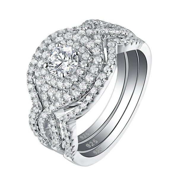 Sterling Silver 3Pcs Wedding Ring Set