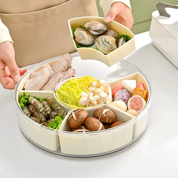 Round Divided Snack Tray with Lid and Handle, 6 Compartment Food Container